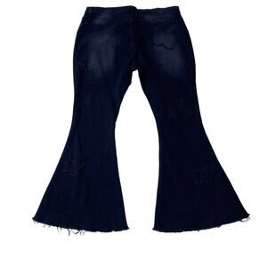 New Women Black Patched Cut Off Frayed Stretch Denim Flared Jeans Size 2XL